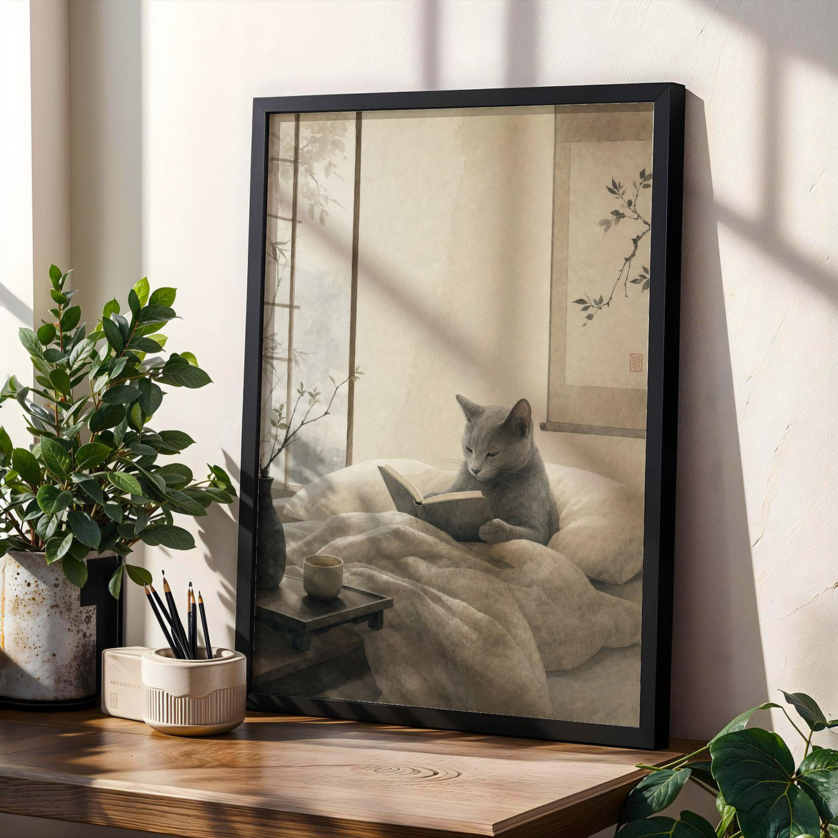 Fog Gray Zen Cat Poster | Modern Sumi-E Paper Print | Russian Blue Cat Wall Print | Japanese Zen Printable Art | Bedroom Decor Posters