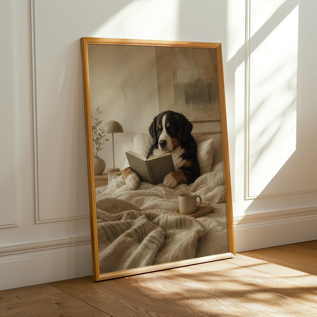 Bernese Mountain Dog Reading in Bed Poster | Modern Gouache Dog Wall Art | Warm Oat Milk Beige Decor | Scandinavian Bedroom Print