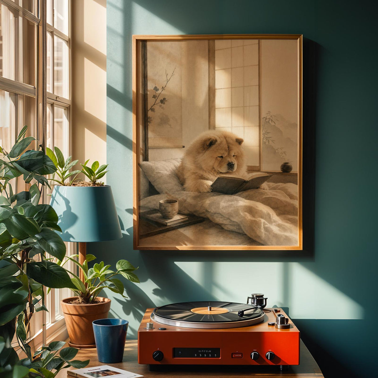 Chow Chow Reading in Bed Poster | Zen Ink Wash Dog Wall Art | Warm Ivory Fog Gray Decor | Minimalist Japanese Style Print | Chow Lover Gift