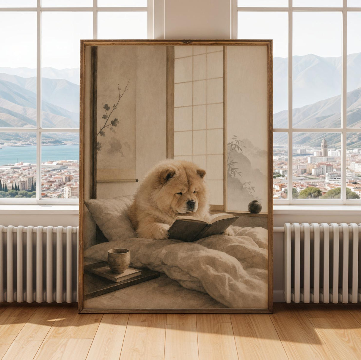 Chow Chow Reading in Bed Poster | Zen Ink Wash Dog Wall Art | Warm Ivory Fog Gray Decor | Minimalist Japanese Style Print | Chow Lover Gift