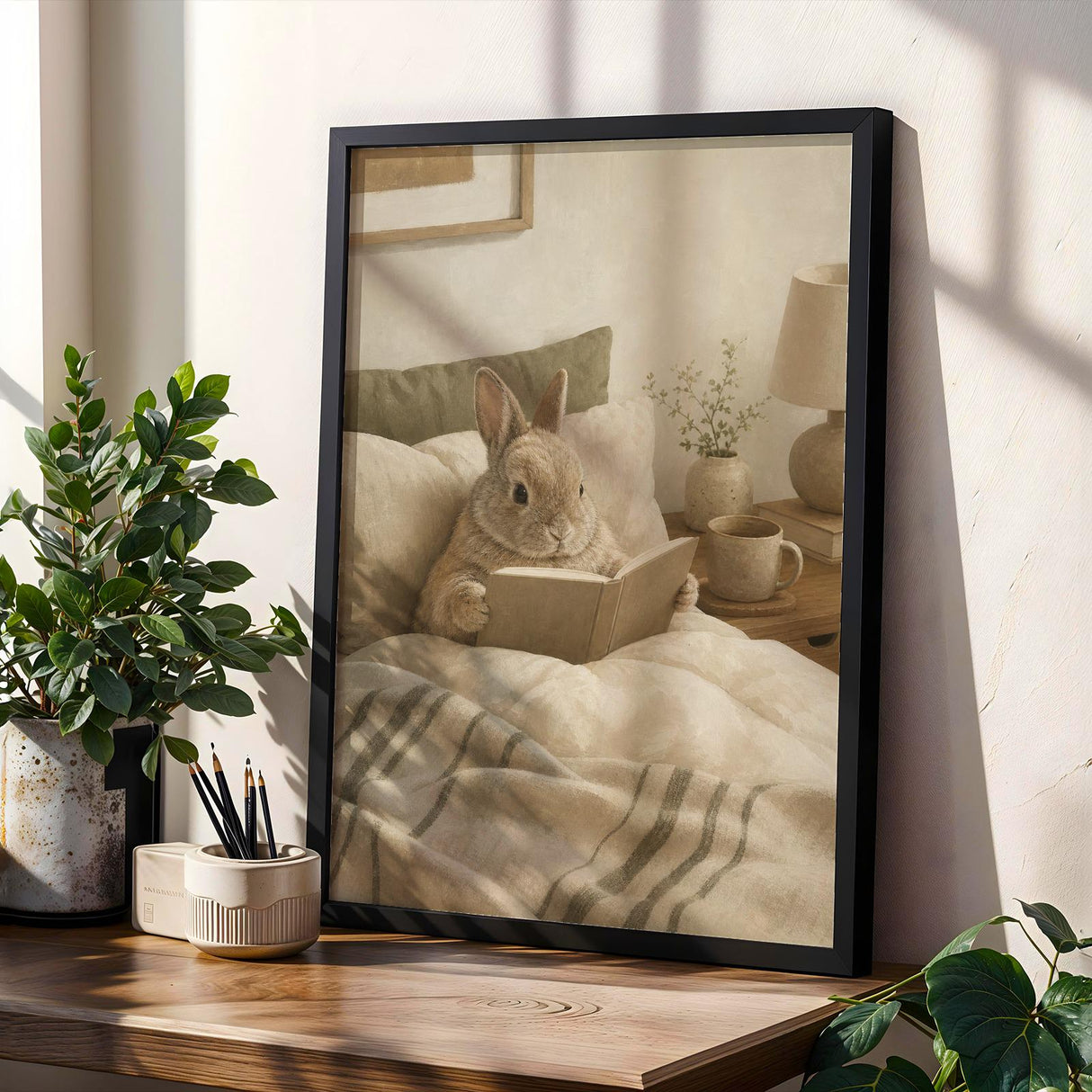 Netherland Dwarf Rabbit Reading in Bed Poster | Modern Gouache Bunny Wall Art | Warm Neutral Bedroom Decor | Cozy Minimalist Nook Print