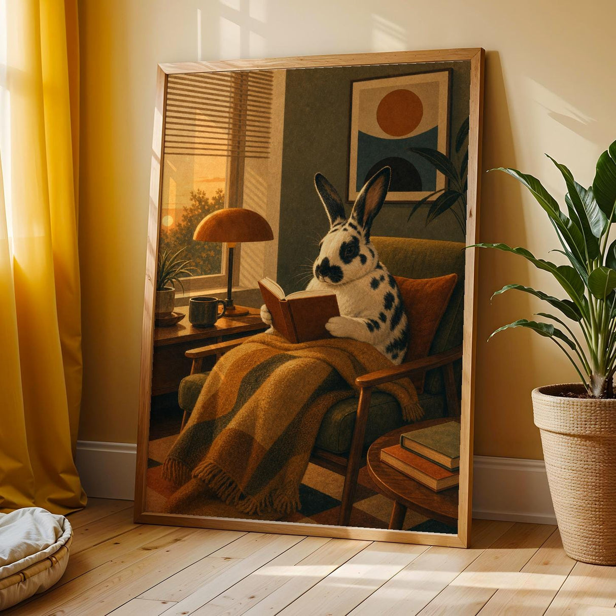 Harlequin Rabbit Reading in Armchair Poster | Retro Modern Bunny Wall Art Decor | Cozy Mid Century Living Room Print