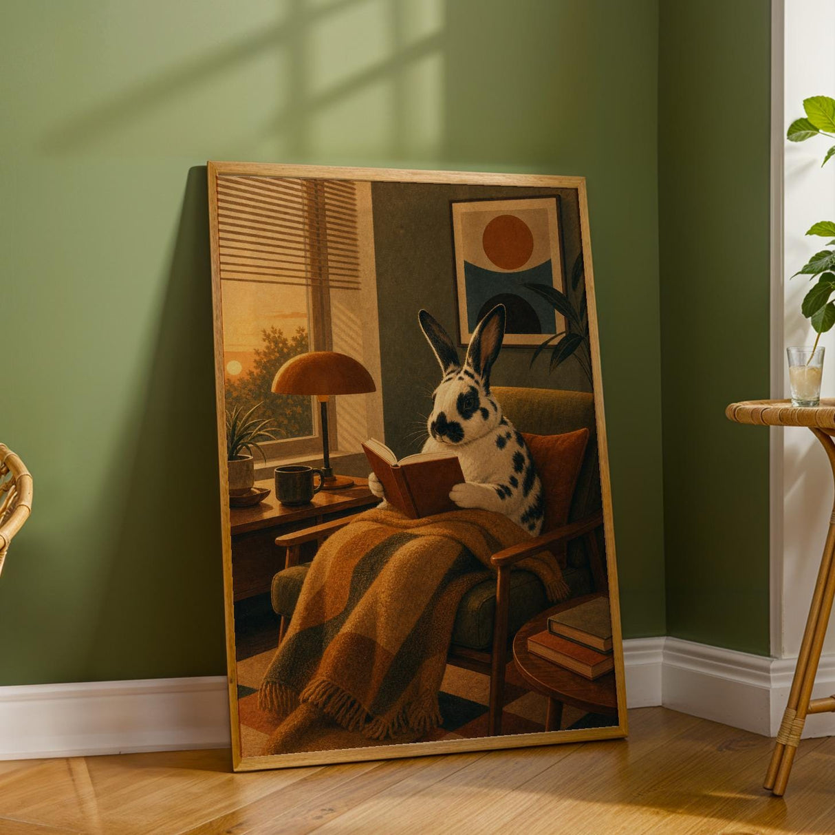 Harlequin Rabbit Reading in Armchair Poster | Retro Modern Bunny Wall Art Decor | Cozy Mid Century Living Room Print