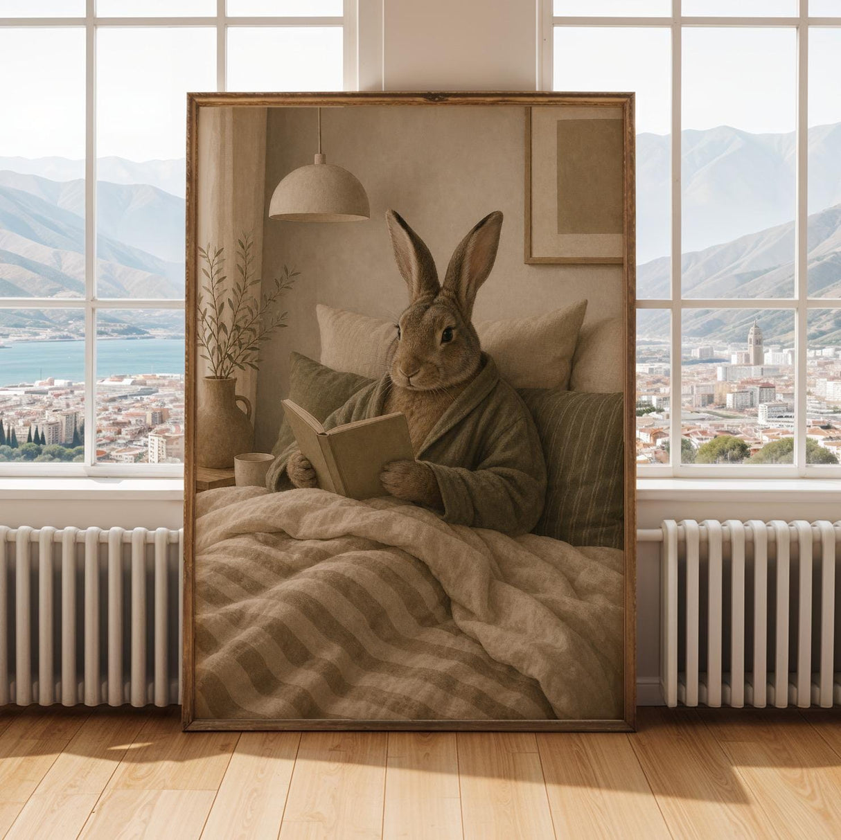 Flemish Rabbit Reading in Bed Poster | Nordic Gouache Bunny Wall Art | Warm Oat Milk Neutral Decor | Cozy Minimalist Bedroom Print