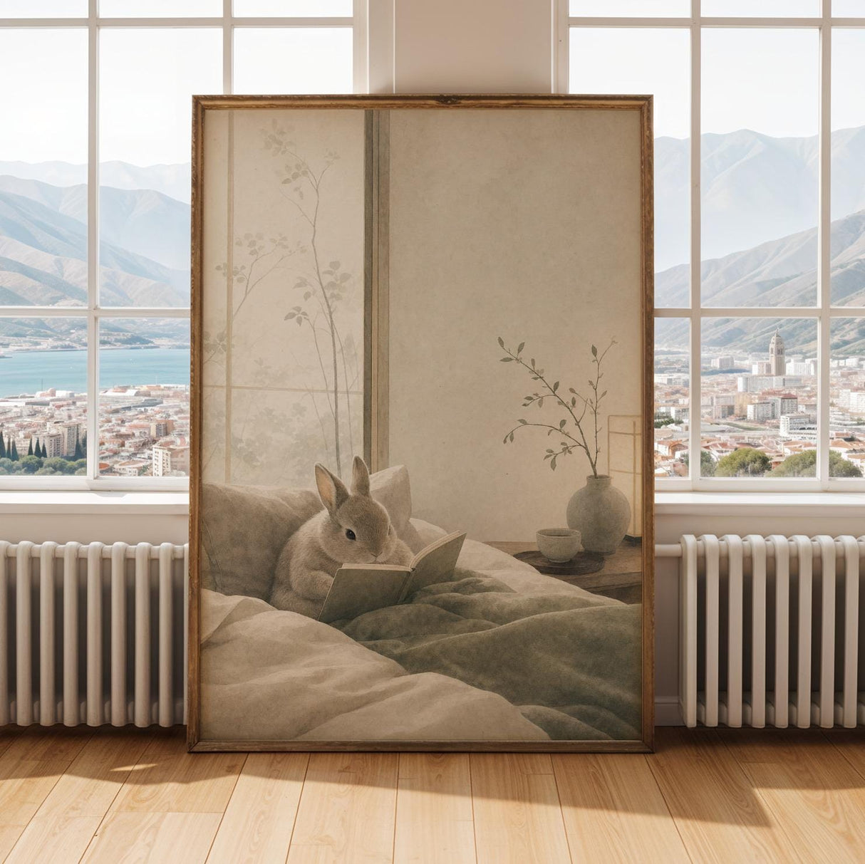 Netherland Dwarf Rabbit Reading in Bed Poster | Japanese Zen Sumi-e Bunny Wall Art | Warm Ivory Fog Gray Decor | Minimalist Bedroom Print