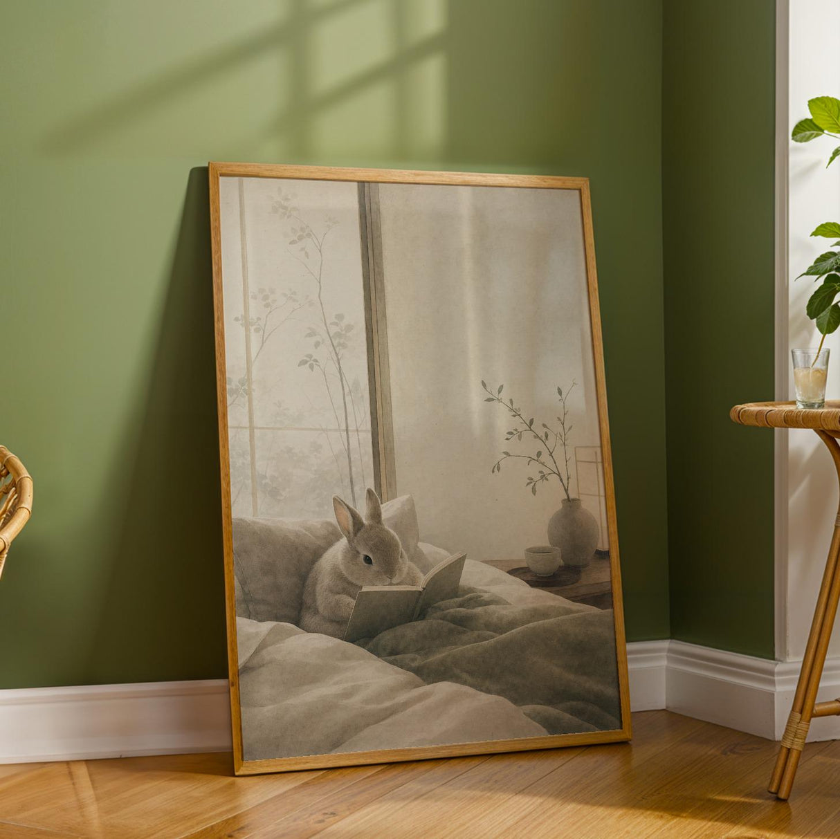 Netherland Dwarf Rabbit Reading in Bed Poster | Japanese Zen Sumi-e Bunny Wall Art | Warm Ivory Fog Gray Decor | Minimalist Bedroom Print