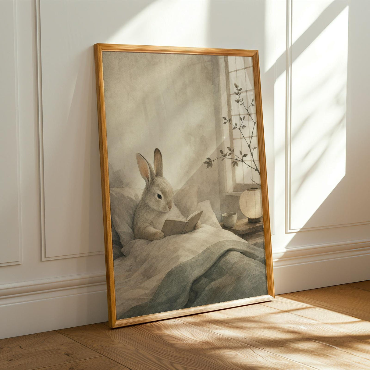 Satin Rabbit Reading in Bed Poster | Japanese Zen Sumi-e Bunny Wall Art | Warm Ivory Fog Gray Decor | Minimalist Bedroom Print