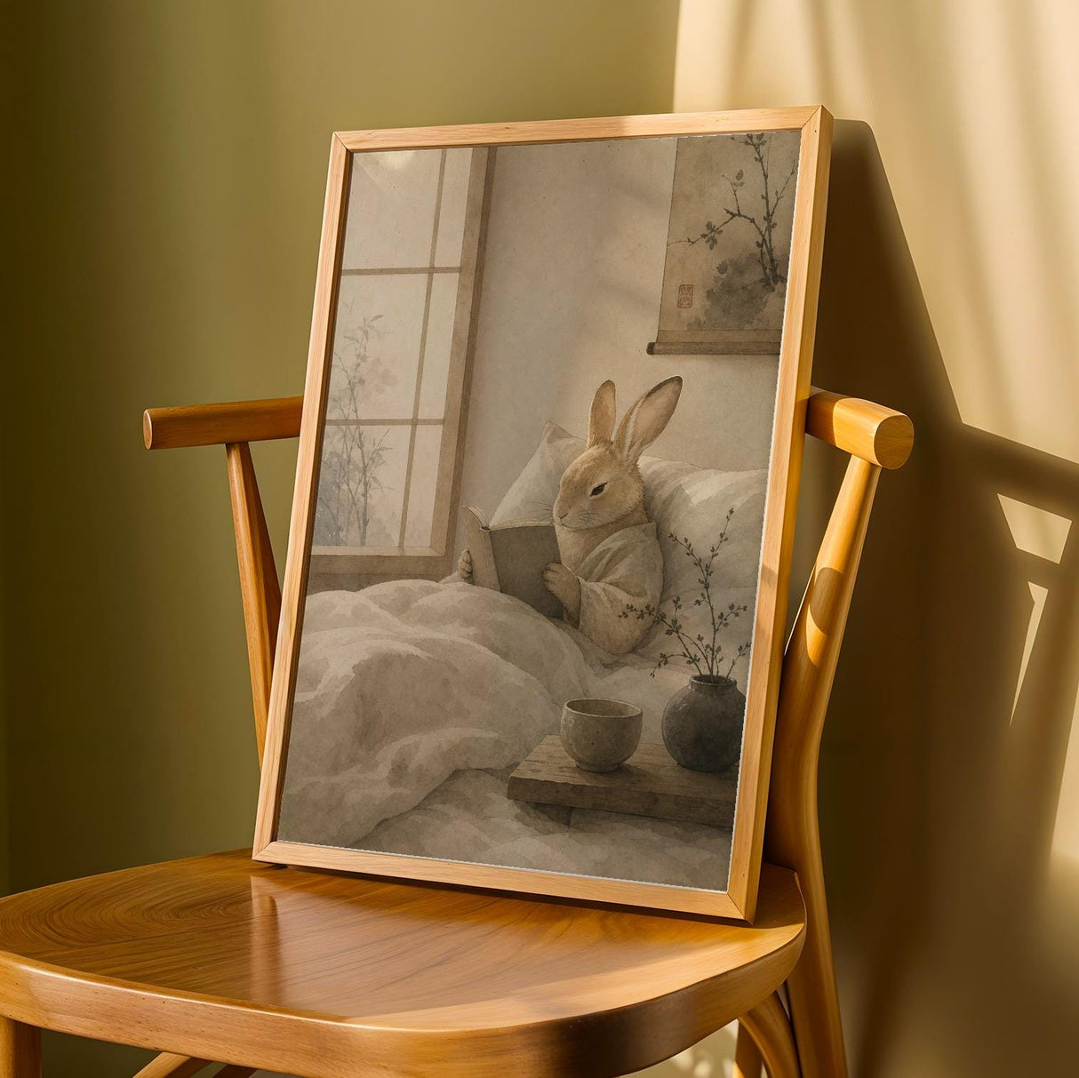Tan Rabbit Reading in Bed Poster | Japanese Zen Sumi-e Bunny Wall Art | Warm Ivory Neutral Decor | Minimalist Ink Wash Bedroom Print