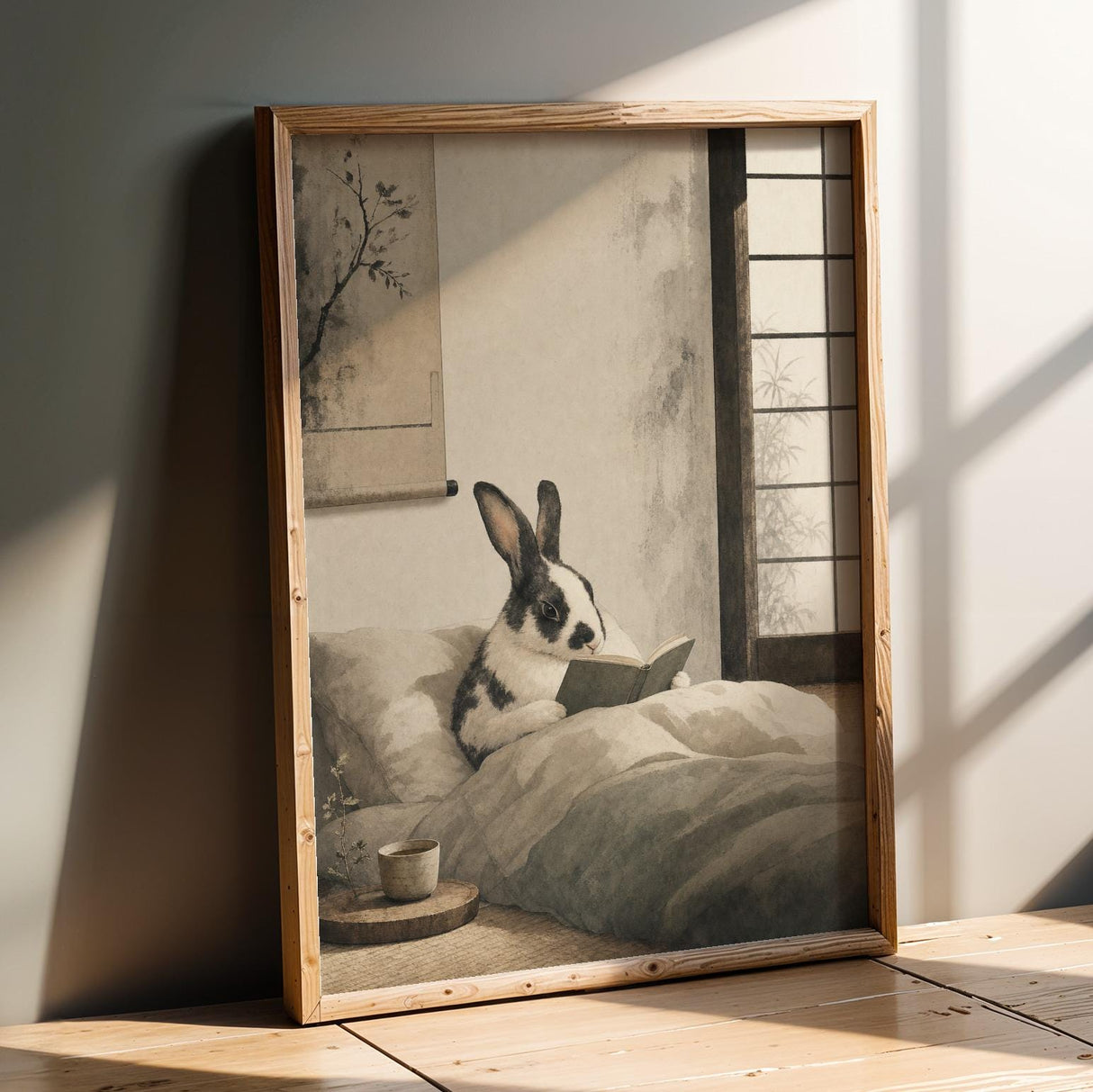 Harlequin Rabbit Reading in Bed Poster | Japanese Zen Sumi-e Bunny Wall Art | Warm Ivory Fog Gray Decor | Minimalist Bedroom Print