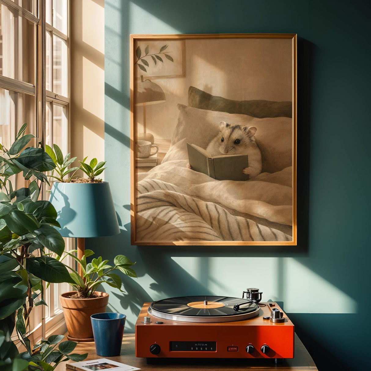 Russian Dwarf Hamster Reading in Bed Poster | Modern Gouache Hamster Wall Art | Warm Beige Oat Milk Decor | Cozy Minimalist Bedroom Print