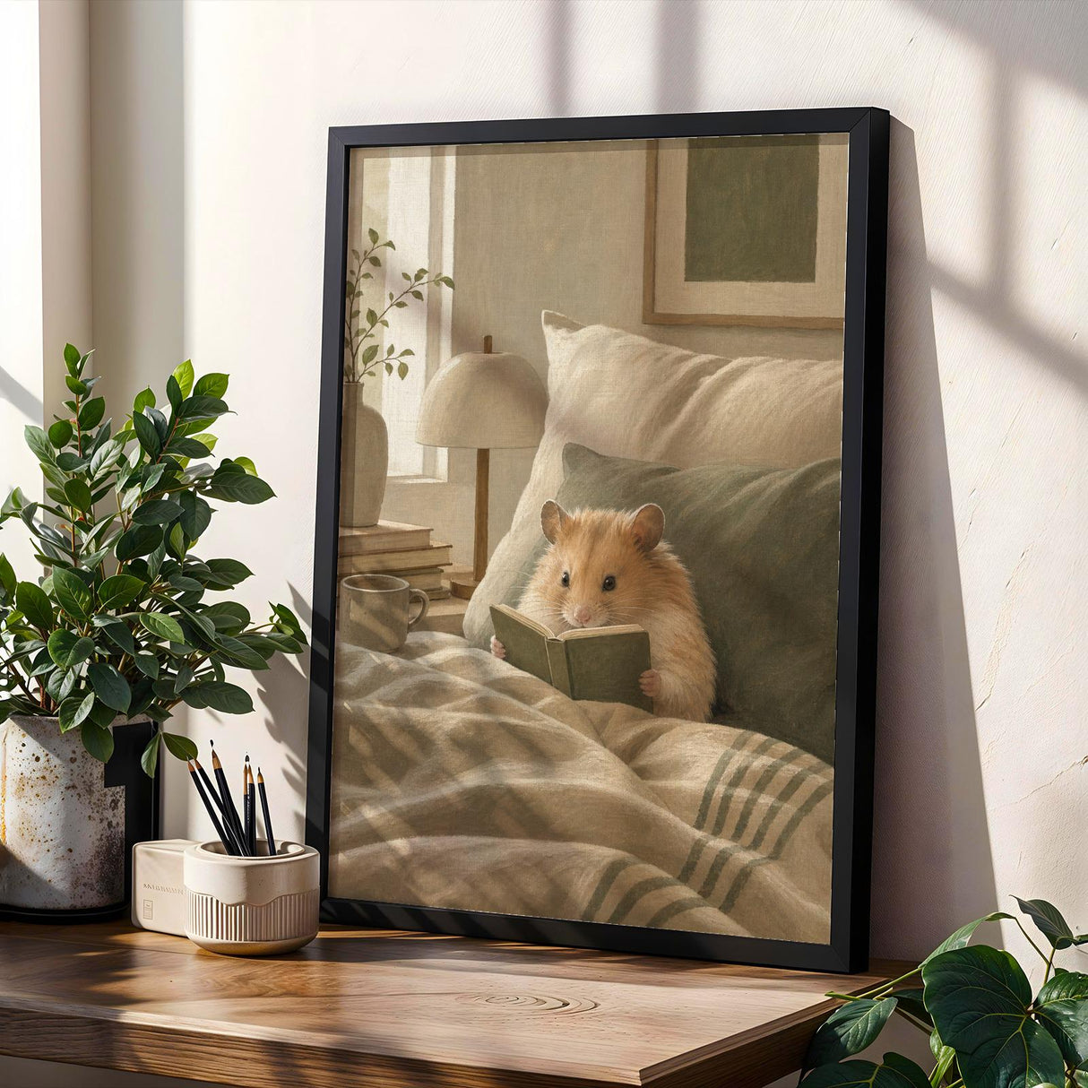 Chinese Hamster Reading in Bed Poster | Nordic Gouache Hamster Wall Art | Warm Beige Oat Milk Decor | Cozy Nursery Bedroom Print