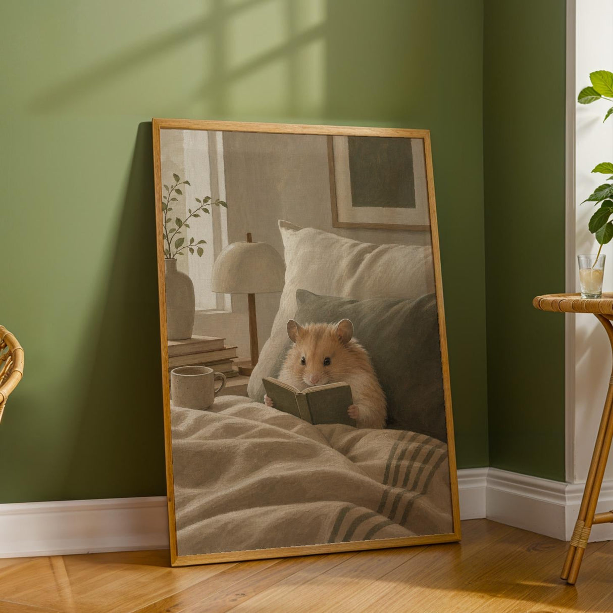 Chinese Hamster Reading in Bed Poster | Nordic Gouache Hamster Wall Art | Warm Beige Oat Milk Decor | Cozy Nursery Bedroom Print
