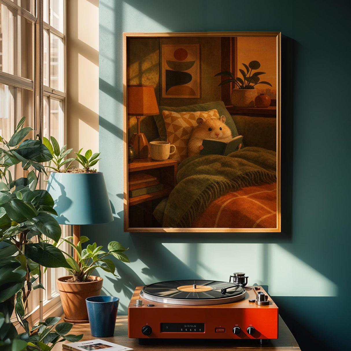 Teddy Bear Hamster Reading in Armchair Poster | Mid Century Modern Editorial Wall Art | Orange Yellow Decor | Cozy Retro Living Room Print