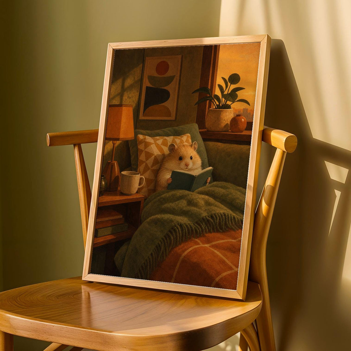 Teddy Bear Hamster Reading in Armchair Poster | Mid Century Modern Editorial Wall Art | Orange Yellow Decor | Cozy Retro Living Room Print