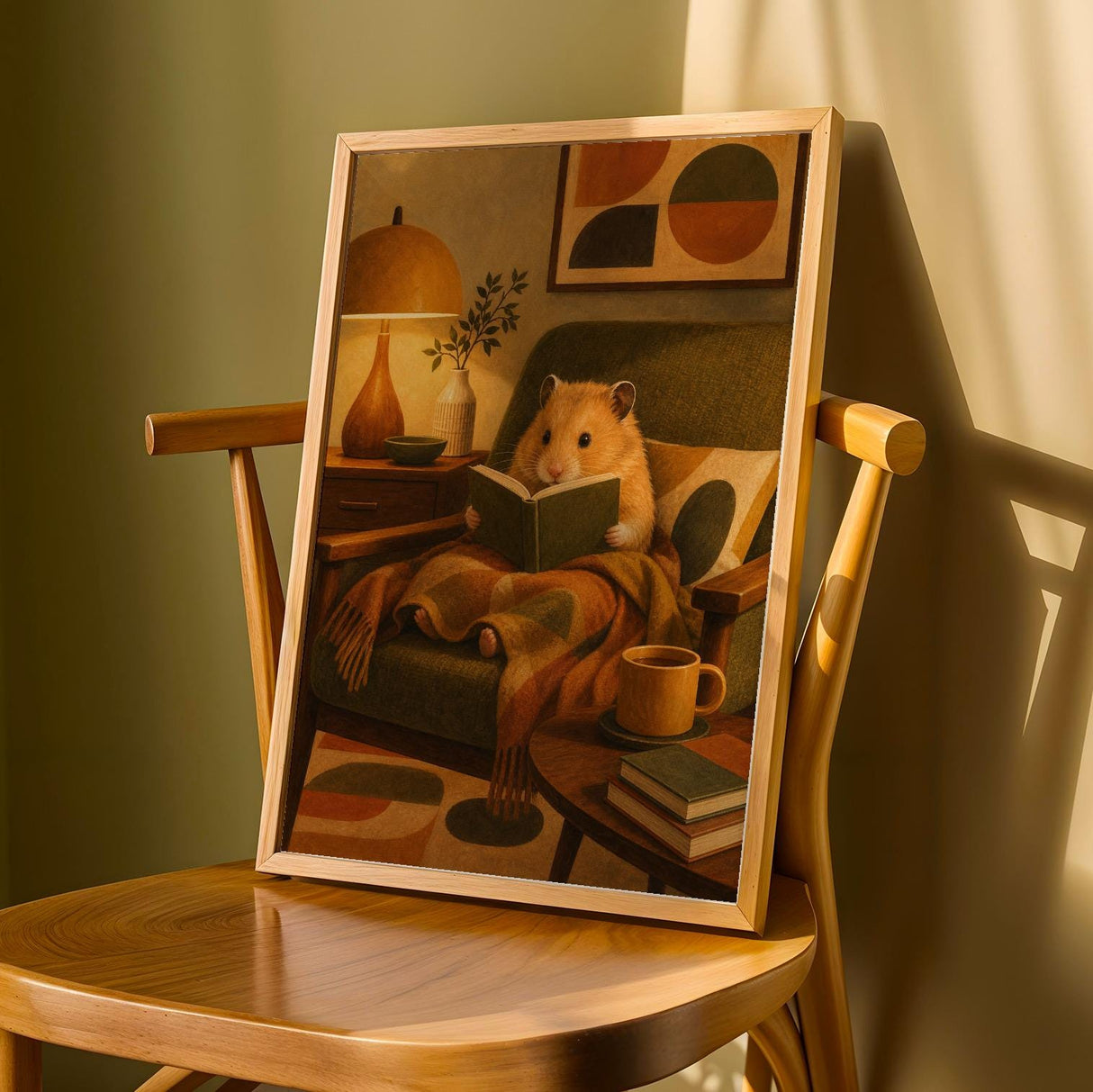 Golden Syrian Hamster Reading in Armchair Poster | Retro Modern Hamster Wall Art | Yellow Orange Decor | Cozy Mid Century Living Room Print