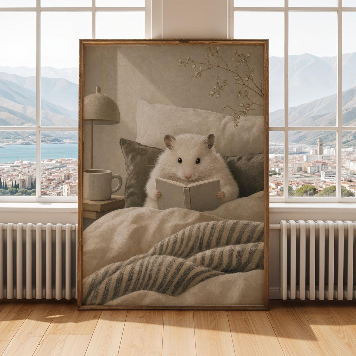 Winter White Hamster Reading in Bed Poster | Modern Gouache Hamster Wall Art | Warm Beige Soft Ivory Decor | Cozy Minimalist Bedroom Print