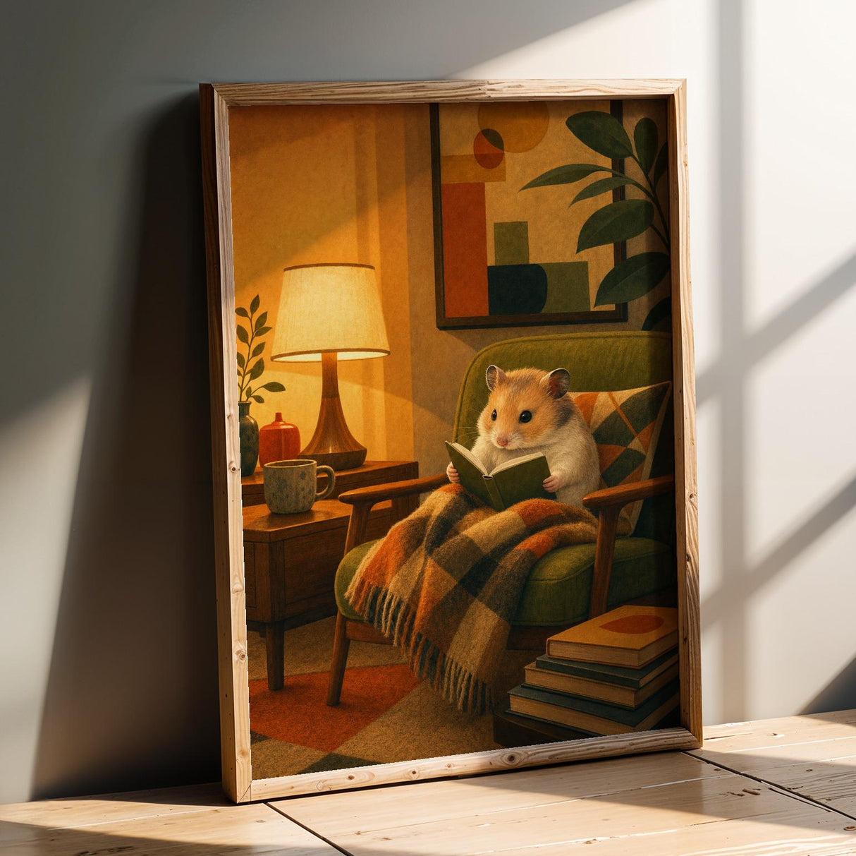 Chinese Hamster Reading in Armchair Poster | Retro Modern Hamster Wall Art | Orange Olive Green Decor | Cozy Mid Century Living Room Print