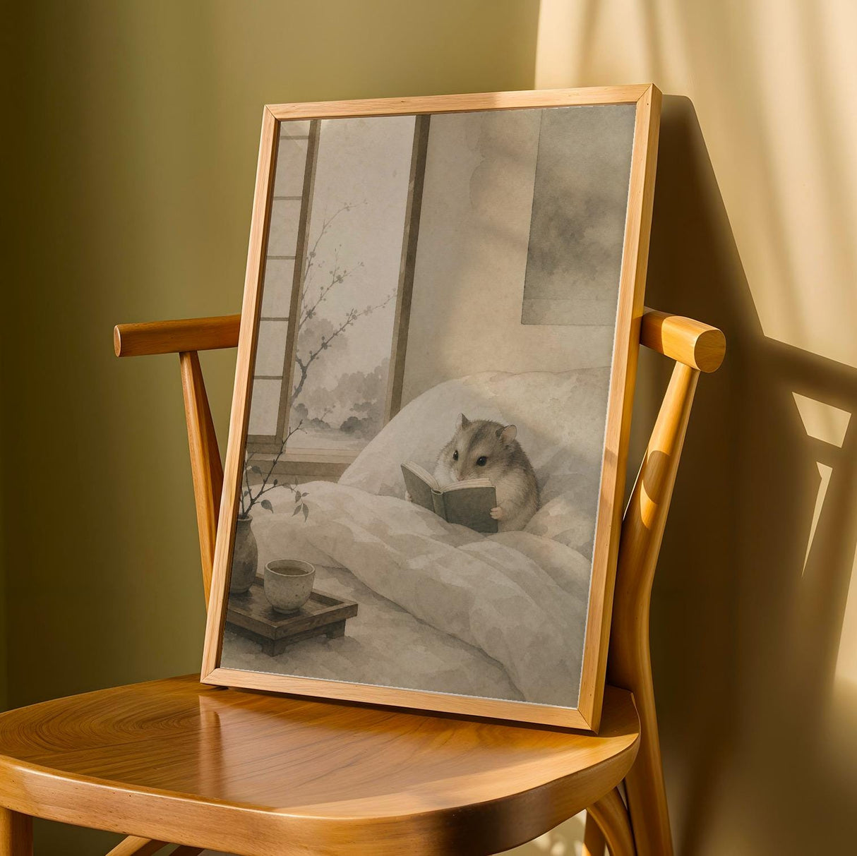 Russian Dwarf Hamster Reading in Bed Poster | Japanese Zen Sumi-e Hamster Wall Art | Warm Ivory Muted Sage Decor | Minimalist Bedroom Print
