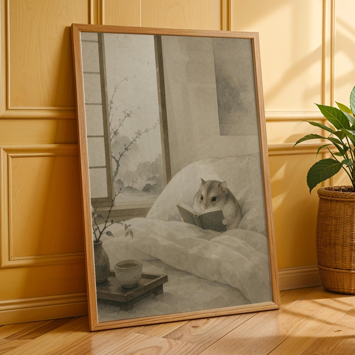 Russian Dwarf Hamster Reading in Bed Poster | Japanese Zen Sumi-e Hamster Wall Art | Warm Ivory Muted Sage Decor | Minimalist Bedroom Print