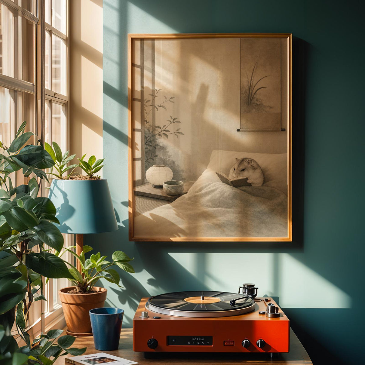 Pearl Dwarf Hamster Reading in Bed Poster | Japanese Zen Sumi-e Hamster Wall Art | Warm Ivory Fog Gray Decor | Minimalist Bedroom Print