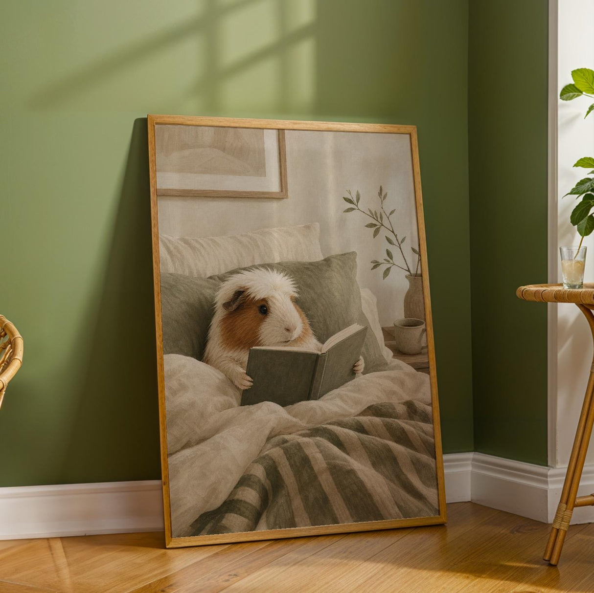 White Crested Guinea Pig Reading in Bed Poster | Nordic Gouache Guinea Pig Wall Art | Warm Neutral Bedroom Decor | Cozy Nook Print