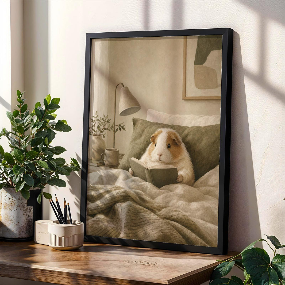 Alpaca Guinea Pig Reading in Bed Poster | Scandinavian Gouache Guinea Pig Wall Art | Warm Beige Oat Milk Decor | Cozy Nordic Bedroom Print