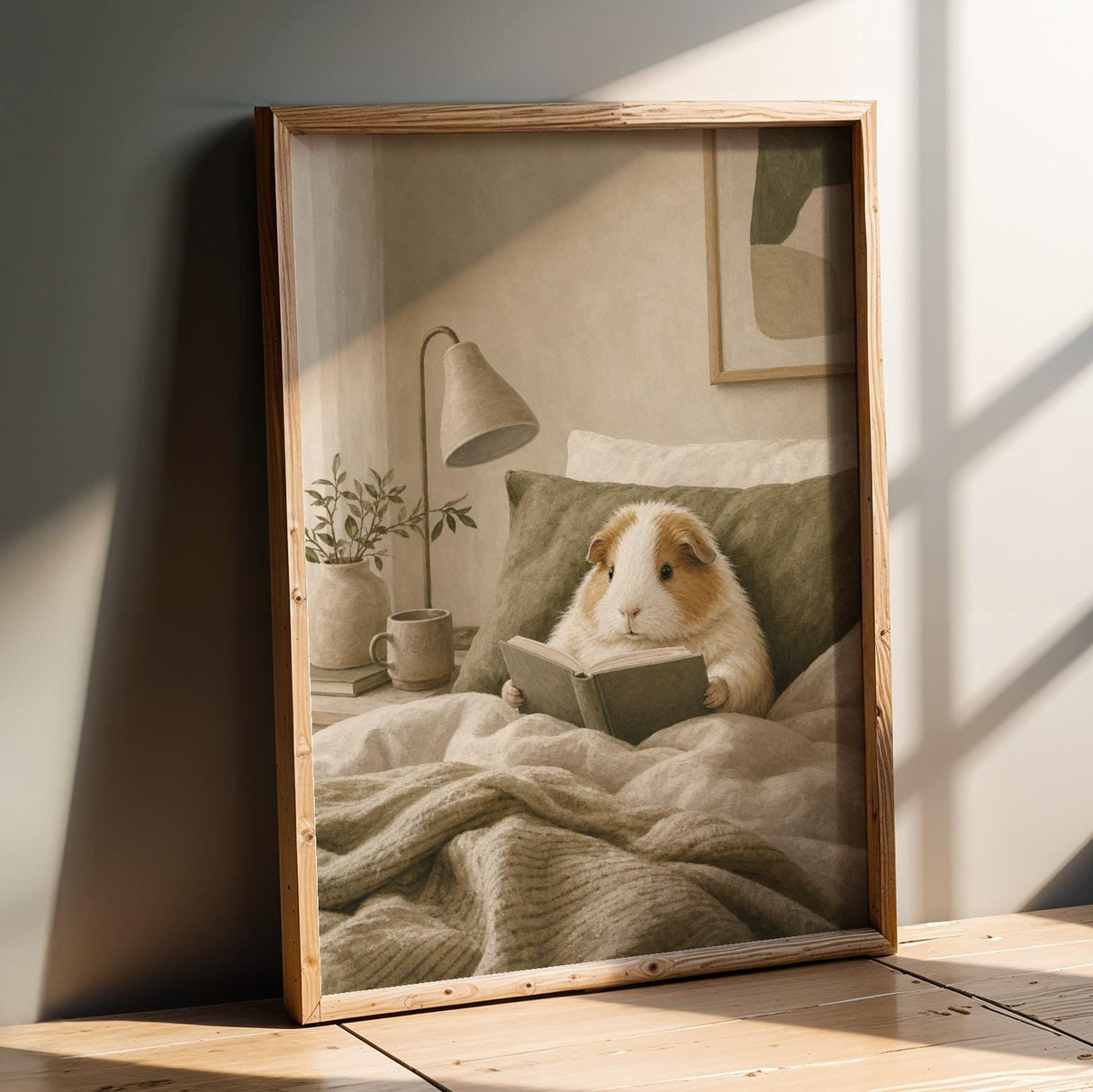 Alpaca Guinea Pig Reading in Bed Poster | Scandinavian Gouache Guinea Pig Wall Art | Warm Beige Oat Milk Decor | Cozy Nordic Bedroom Print