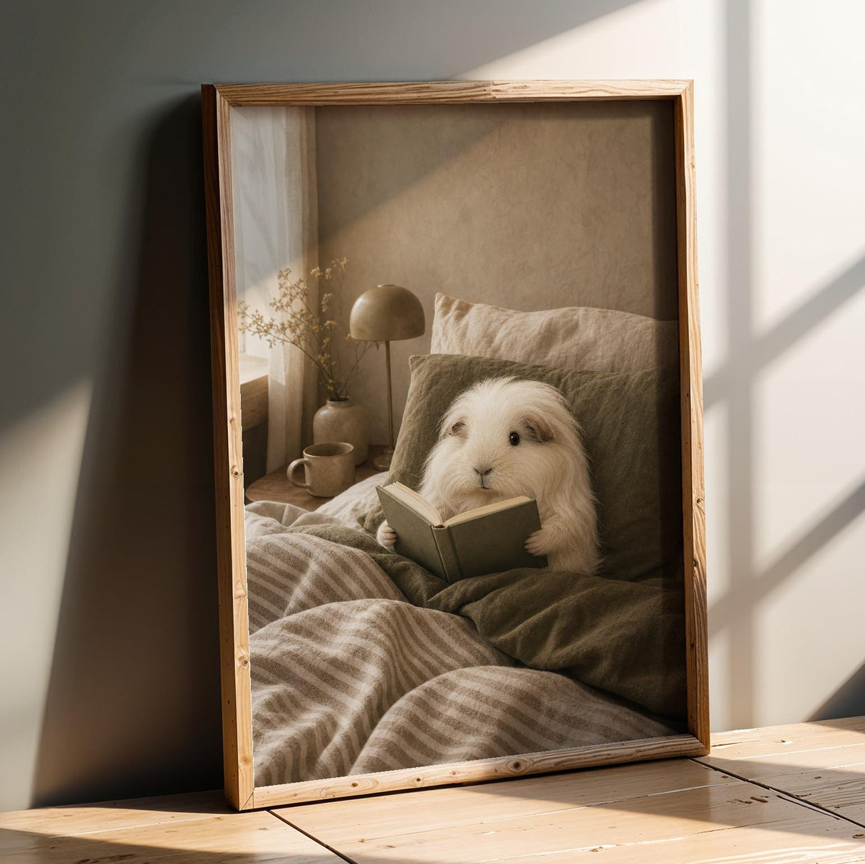 Silkie Guinea Pig Reading in Bed Poster | Modern Gouache Guinea Pig Wall Art | Warm Beige Oat Milk Decor | Cozy Minimalist Bedroom Print