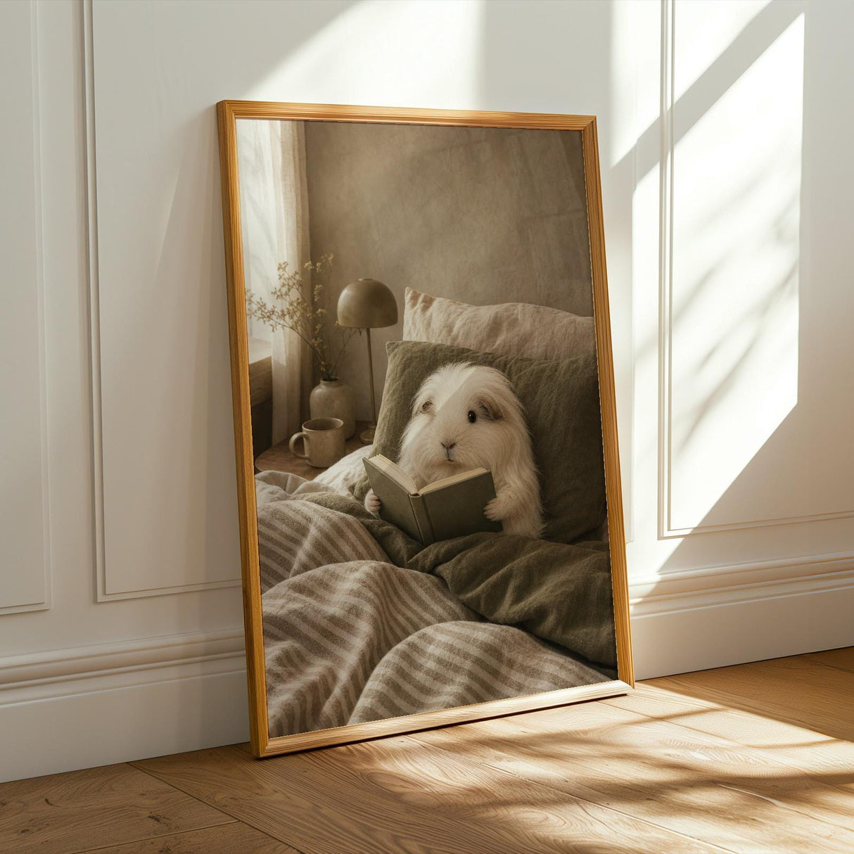 Silkie Guinea Pig Reading in Bed Poster | Modern Gouache Guinea Pig Wall Art | Warm Beige Oat Milk Decor | Cozy Minimalist Bedroom Print