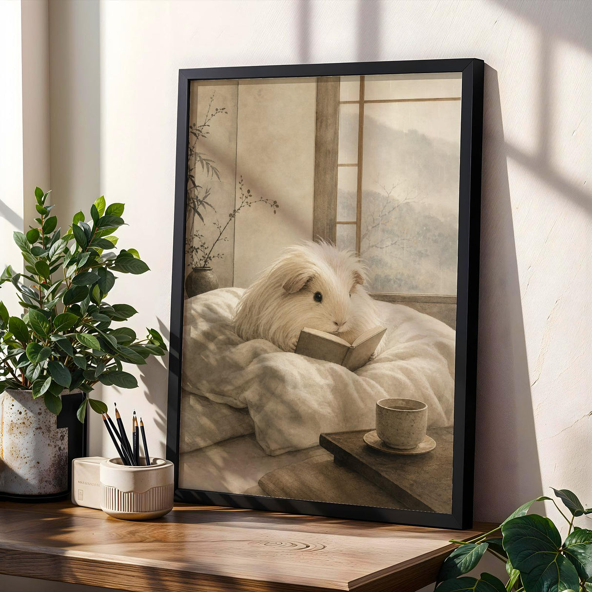 Silkie Guinea Pig Reading in Bed Poster | Japanese Zen Sumi-e Guinea Pig Wall Art | Warm Ivory Fog Gray Decor | Minimalist Bedroom Print