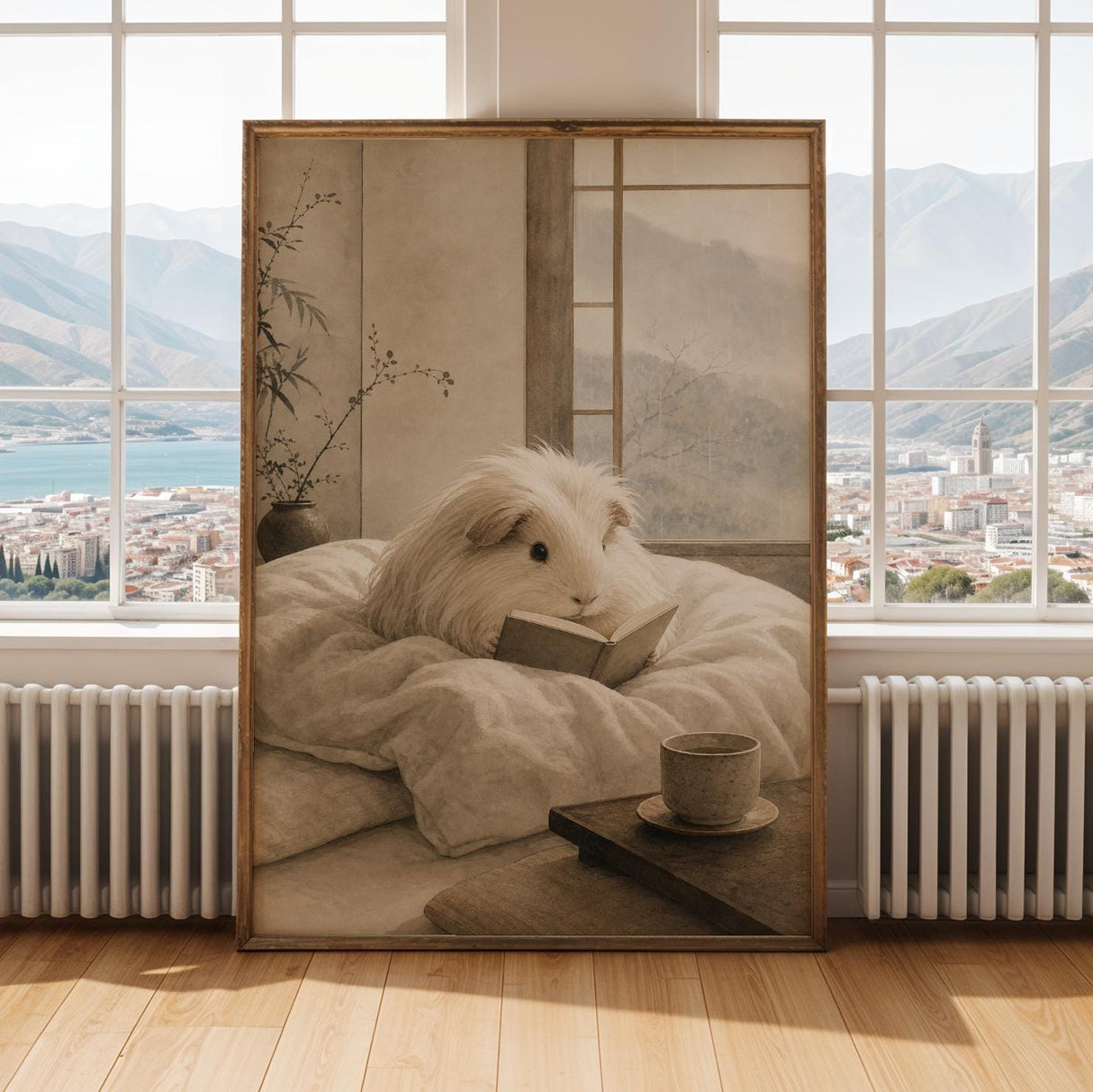 Silkie Guinea Pig Reading in Bed Poster | Japanese Zen Sumi-e Guinea Pig Wall Art | Warm Ivory Fog Gray Decor | Minimalist Bedroom Print