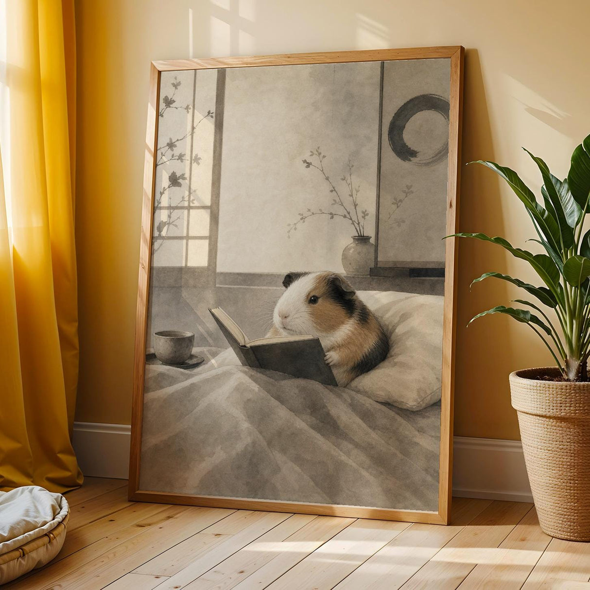American Guinea Pig Reading in Bed Poster | Japanese Zen Ink Wash Guinea Pig Wall Art | Warm Ivory Fog Gray Decor | Minimalist Bedroom Print