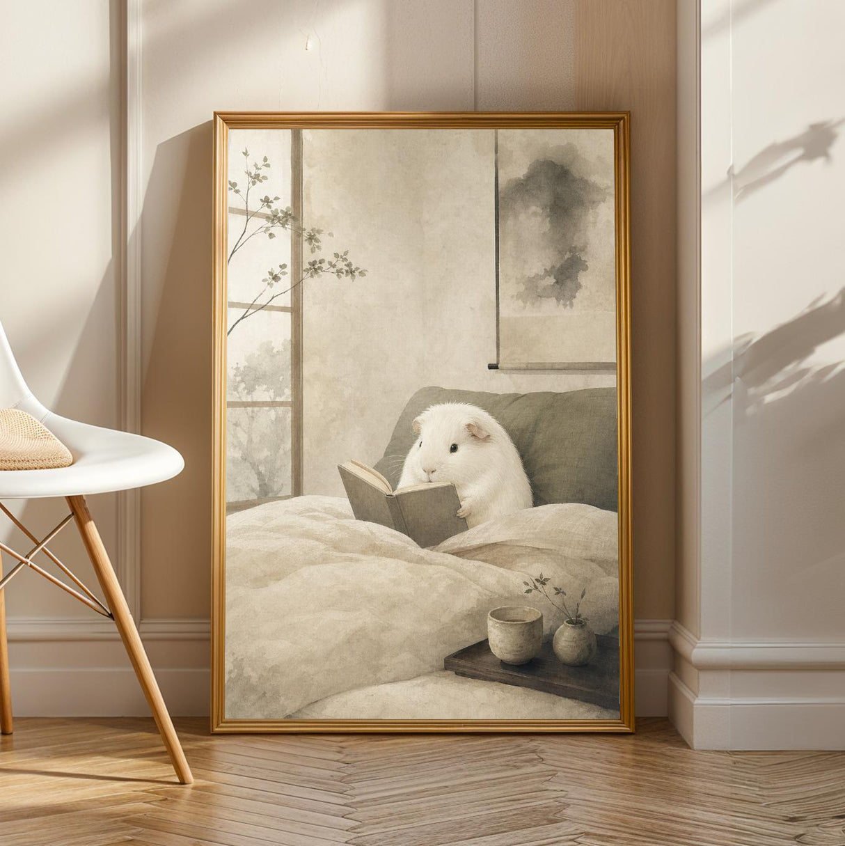 White Guinea Pig Reading in Bed Poster | Japanese Zen Sumi-e Guinea Pig Wall Art | Warm Ivory Fog Gray Decor | Minimalist Bedroom Print