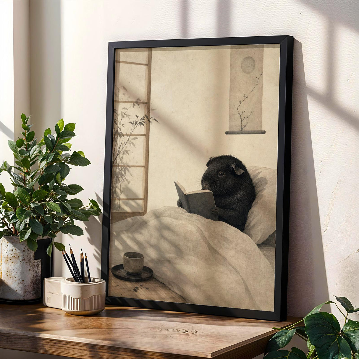 Black Guinea Pig Reading in Bed Poster | Japanese Zen Sumi-e Guinea Pig Wall Art | Warm Ivory Fog Gray Decor | Minimalist Bedroom Print