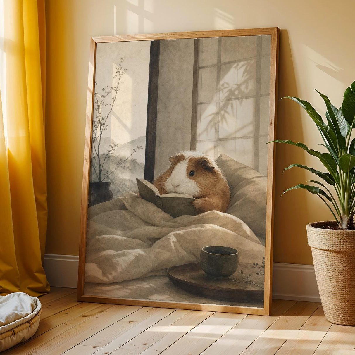 Coronet Guinea Pig Reading in Bed Poster | Japanese Zen Sumi-e Guinea Pig Wall Art | Warm Ivory Fog Gray Decor | Minimalist Bedroom Print