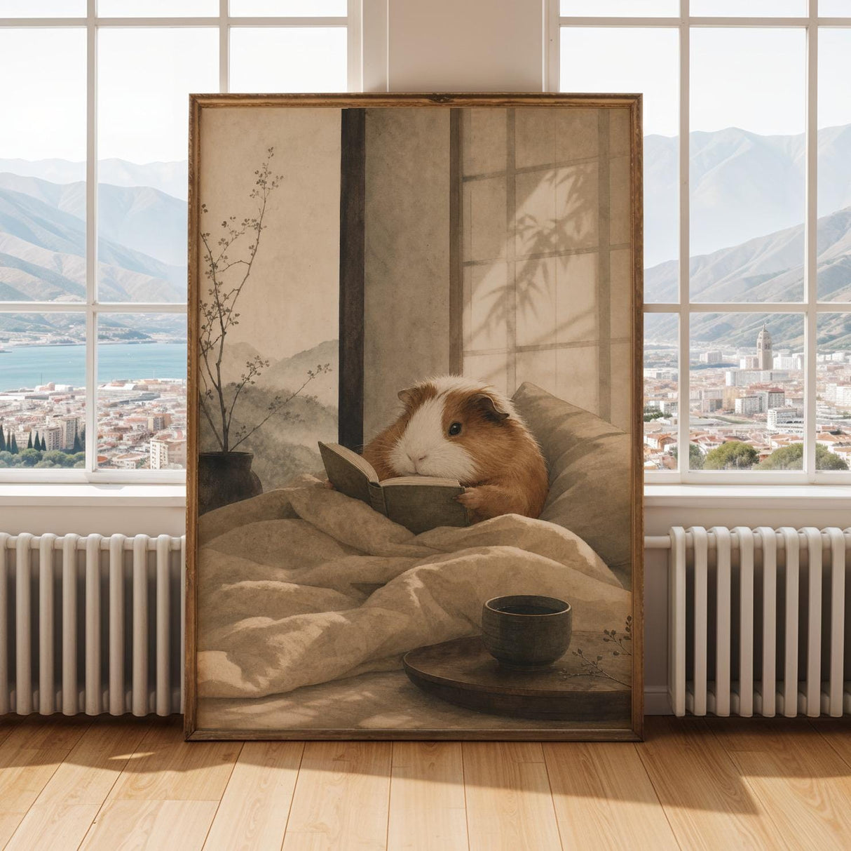 Coronet Guinea Pig Reading in Bed Poster | Japanese Zen Sumi-e Guinea Pig Wall Art | Warm Ivory Fog Gray Decor | Minimalist Bedroom Print