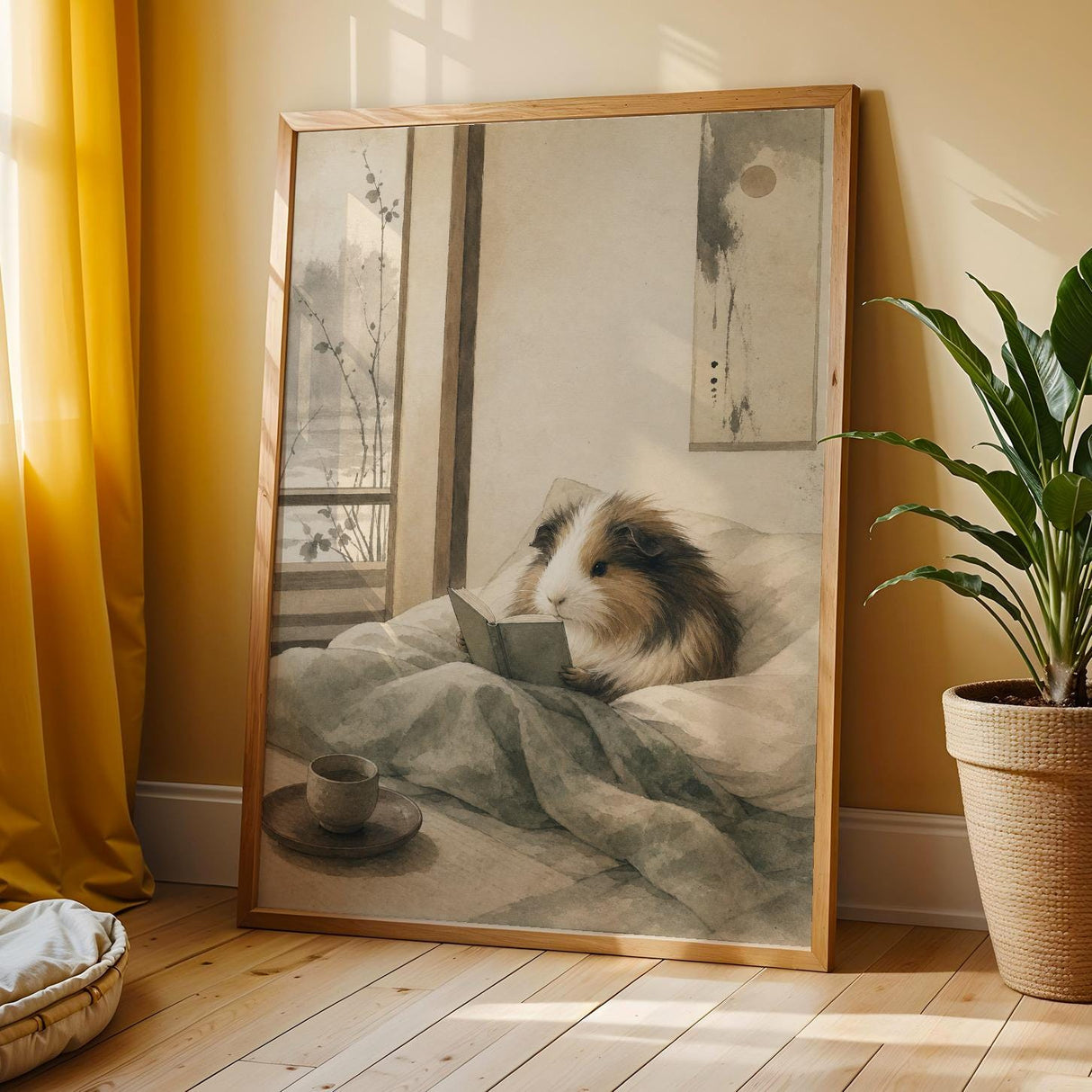 Sheltie Guinea Pig Reading in Bed Poster | Japanese Zen Ink Wash Guinea Pig Wall Art | Warm Ivory Fog Gray Decor | Living Room Print