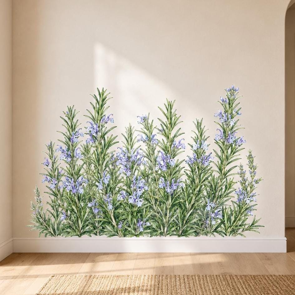 Watercolor wall vinyl decal of a rosemary herb border with slender green needle leaves and small light purple-blue flowers arranged in a long cluster.