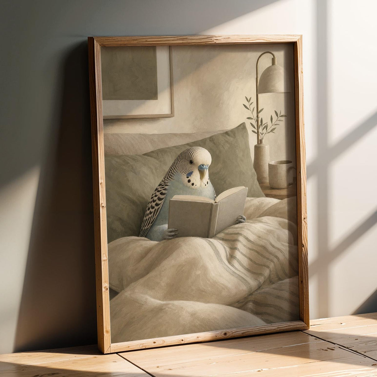 English Budgerigar Reading in Bed Poster | Modern Gouache Bird Wall Art | Warm Beige Oat Milk Decor | Cozy Minimalist Bedroom Print