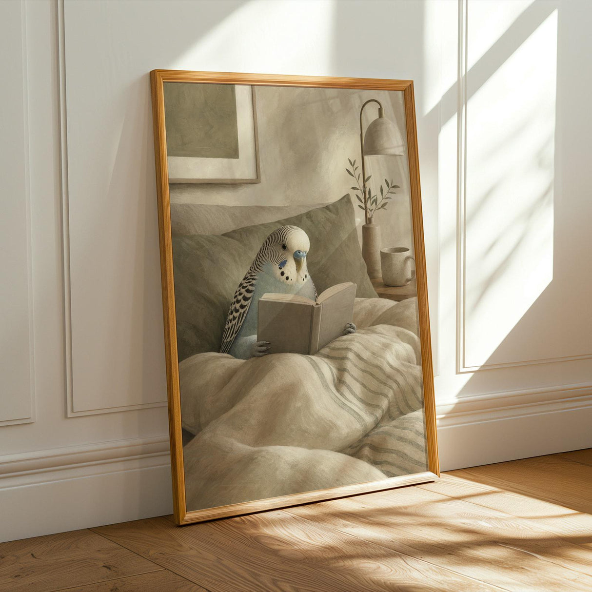 English Budgerigar Reading in Bed Poster | Modern Gouache Bird Wall Art | Warm Beige Oat Milk Decor | Cozy Minimalist Bedroom Print