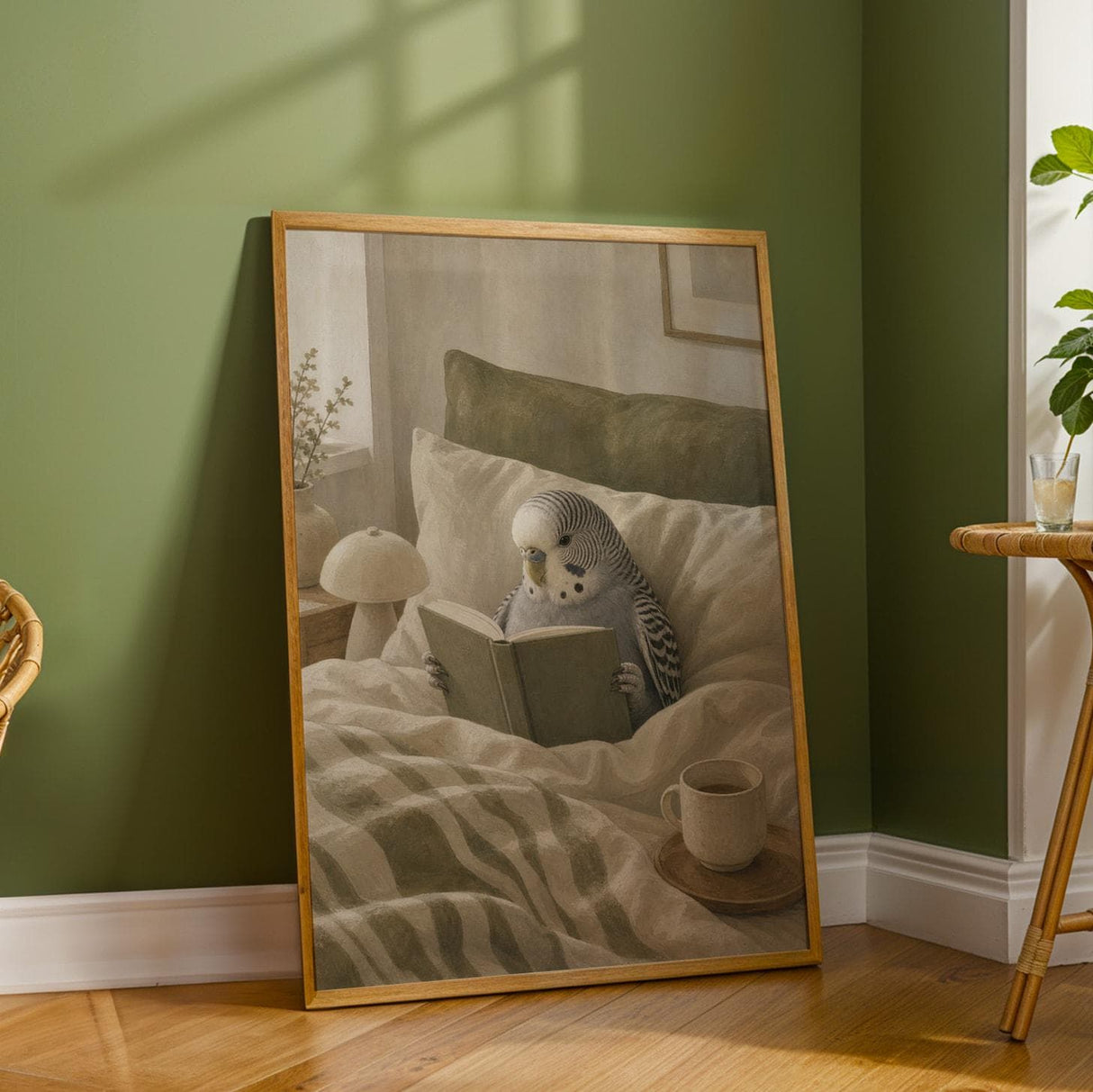 Grey Budgerigar Reading in Bed Poster | Modern Soft Gouache Bird Wall Art | Warm Beige Dusty Sage Decor | Cozy Minimalist Bedroom Print
