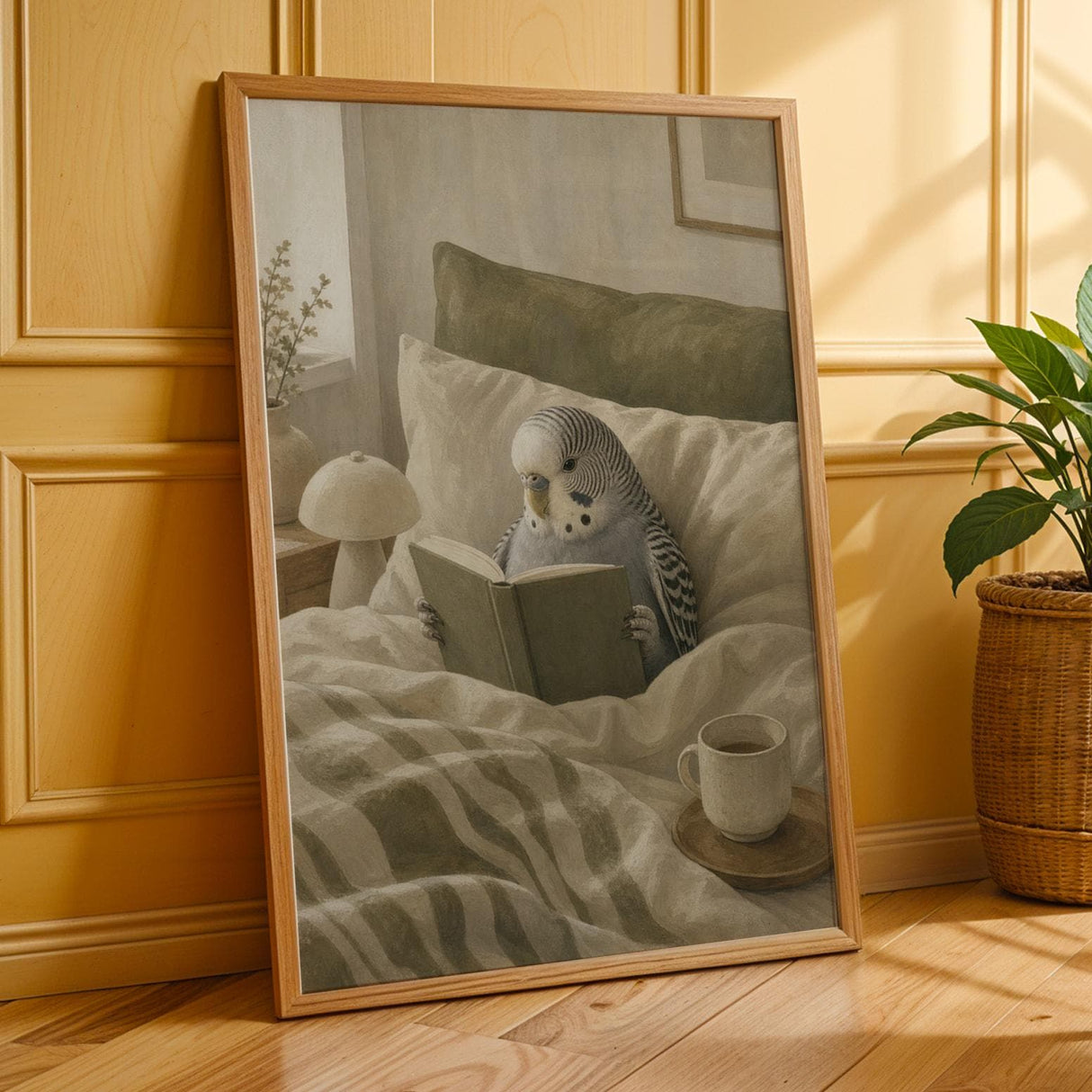 Grey Budgerigar Reading in Bed Poster | Modern Soft Gouache Bird Wall Art | Warm Beige Dusty Sage Decor | Cozy Minimalist Bedroom Print