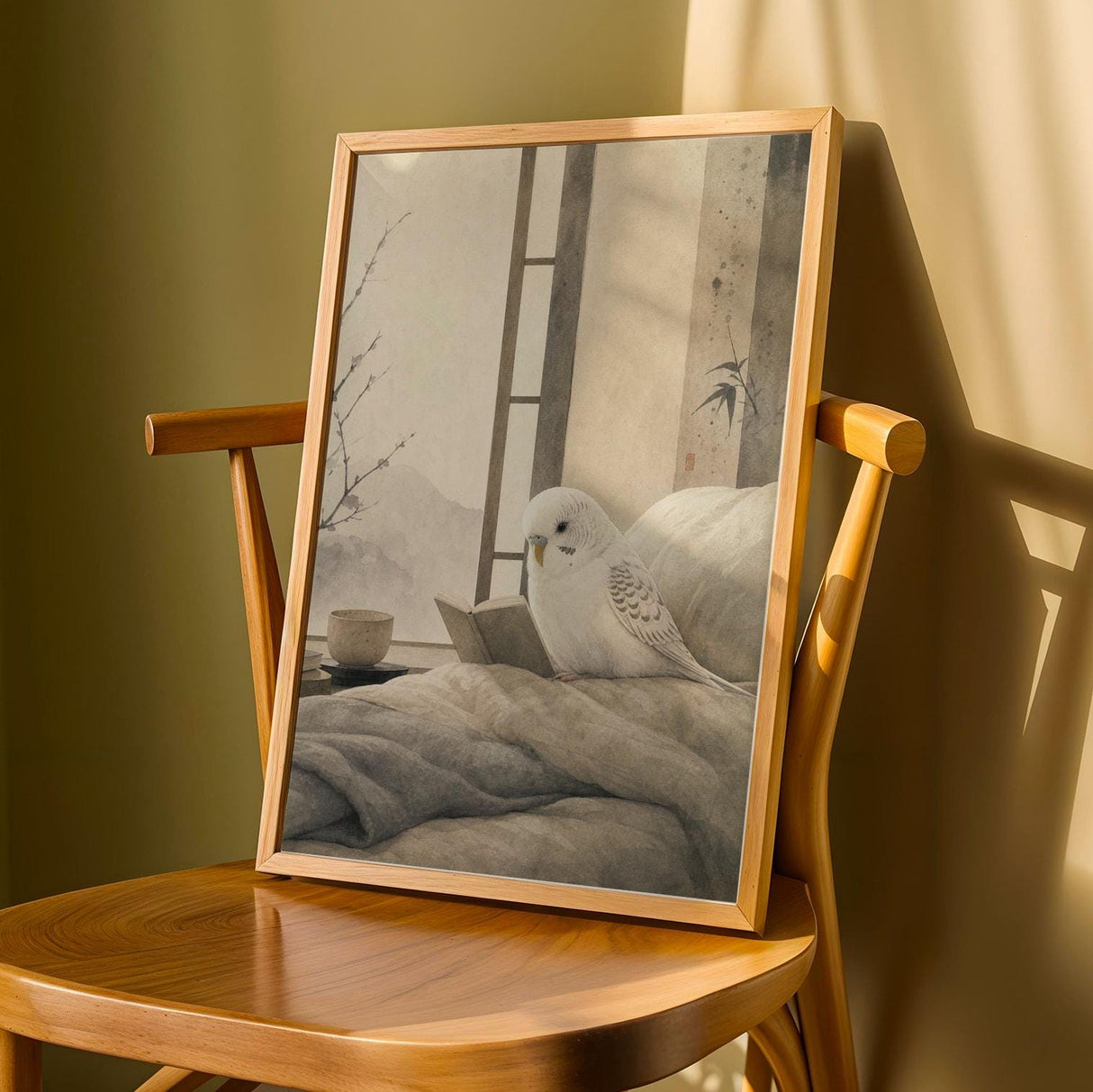 White Budgerigar Reading in Bed Poster | Japanese Zen Sumi-e Bird Wall Art | Warm Ivory Fog Gray Decor | Minimalist Bedroom Print