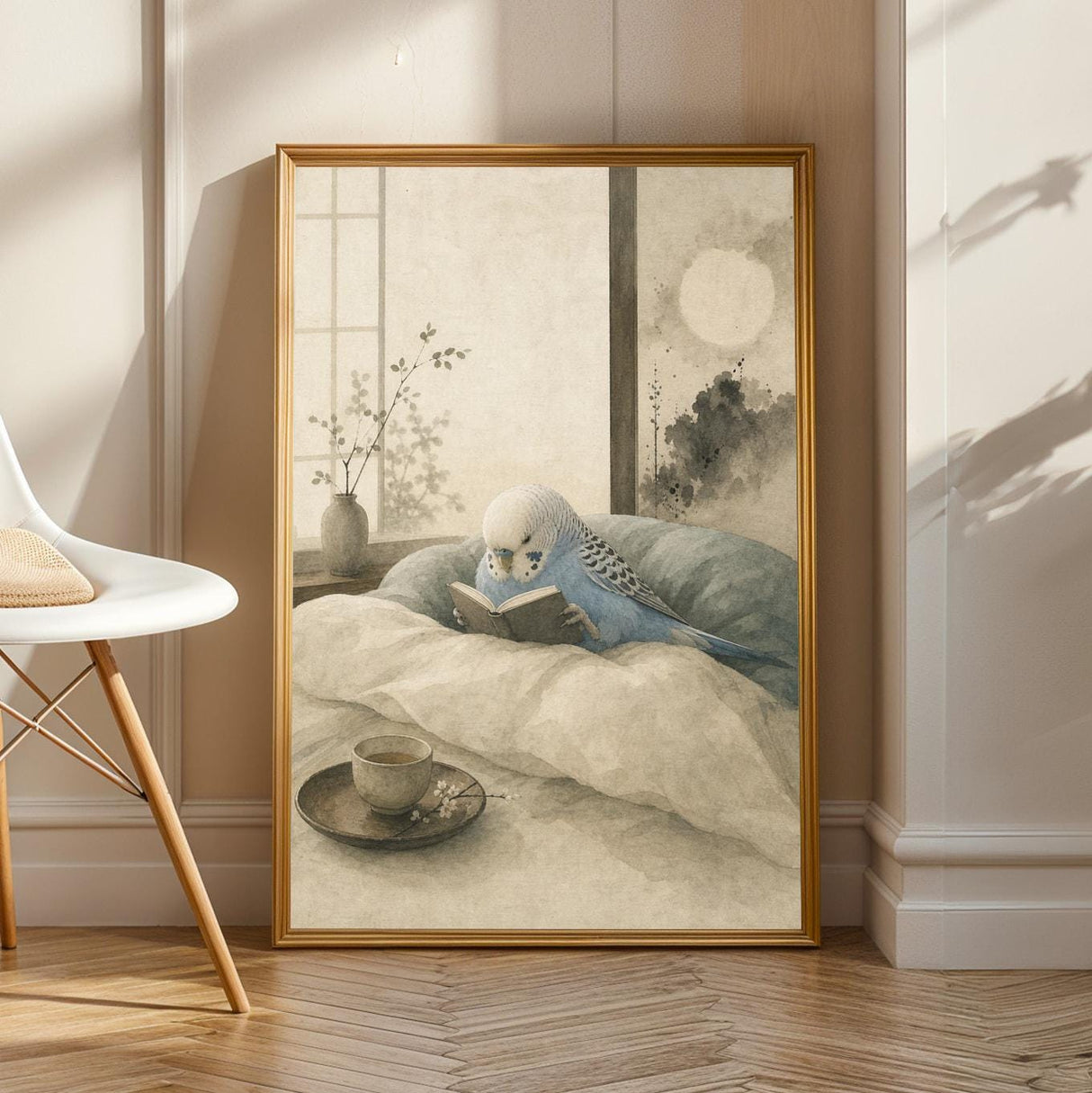 Sky Blue Budgerigar Reading in Bed Poster | Japanese Zen Ink Wash Bird Wall Art | Teal Warm Ivory Decor | Minimalist Bedroom Print