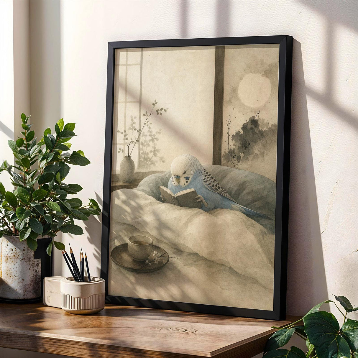 Sky Blue Budgerigar Reading in Bed Poster | Japanese Zen Ink Wash Bird Wall Art | Teal Warm Ivory Decor | Minimalist Bedroom Print