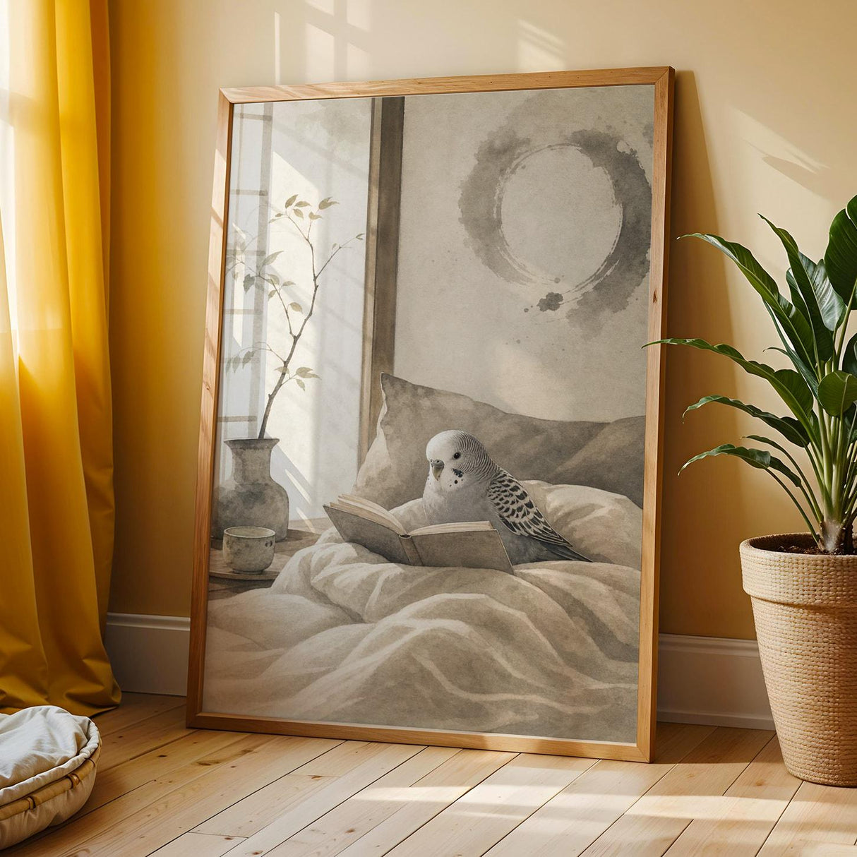 Budgerigar Reading in Bed Poster | Japanese Zen Ink Wash Bird Wall Art | Warm Ivory Fog Gray Decor | Minimalist Bedroom Print