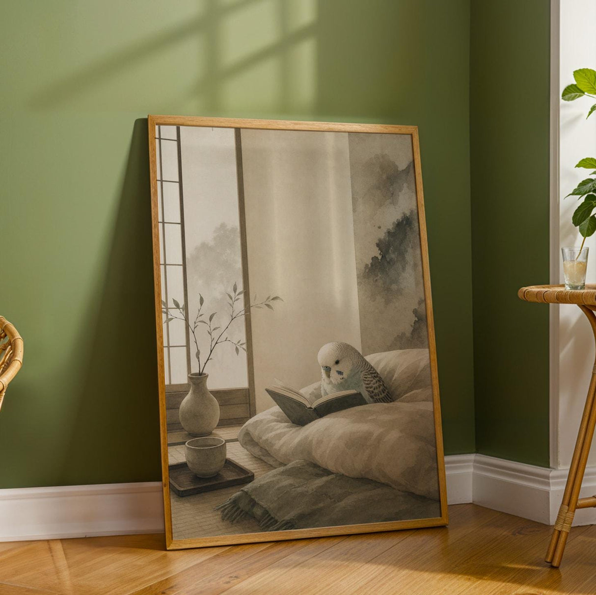 English Budgerigar Reading in Bed Poster | Japanese Zen Ink Wash Bird Wall Art | Warm Ivory Fog Gray Decor | Minimalist Bedroom Print