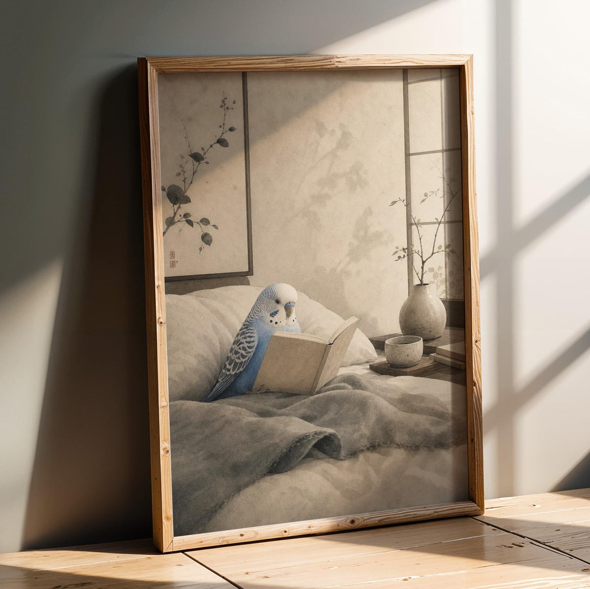 Pastel Blue Budgerigar Reading in Bed Poster | Japanese Zen Sumi-e Bird Wall Art | Periwinkle Blue Warm Ivory Decor | Bedroom Print
