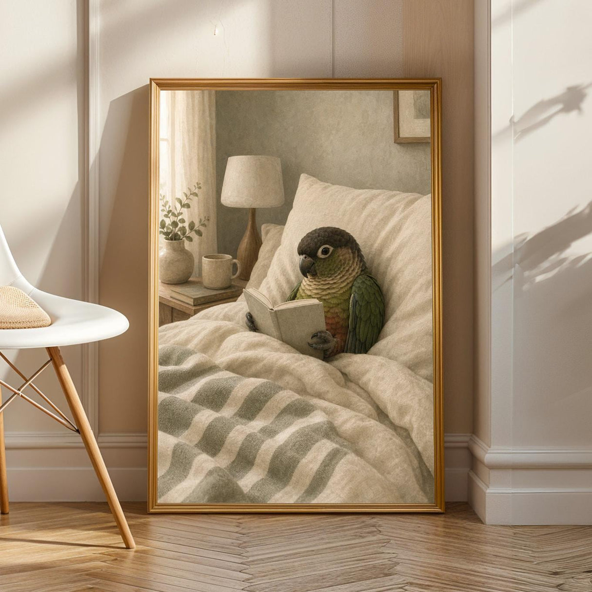 Dusky Conure Reading in Bed Poster | Scandinavian Gouache Bird Wall Art | Warm Beige Oat Milk Decor | Cozy Minimalist Bedroom Print