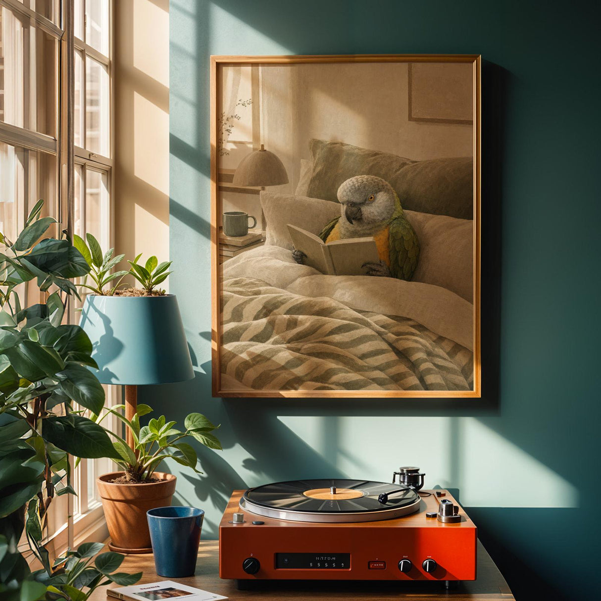 Senegal Parrot Reading in Bed Poster | Scandinavian Soft Gouache Bird Wall Art | Warm Beige Oat Milk Decor | Cozy Minimalist Bedroom Print